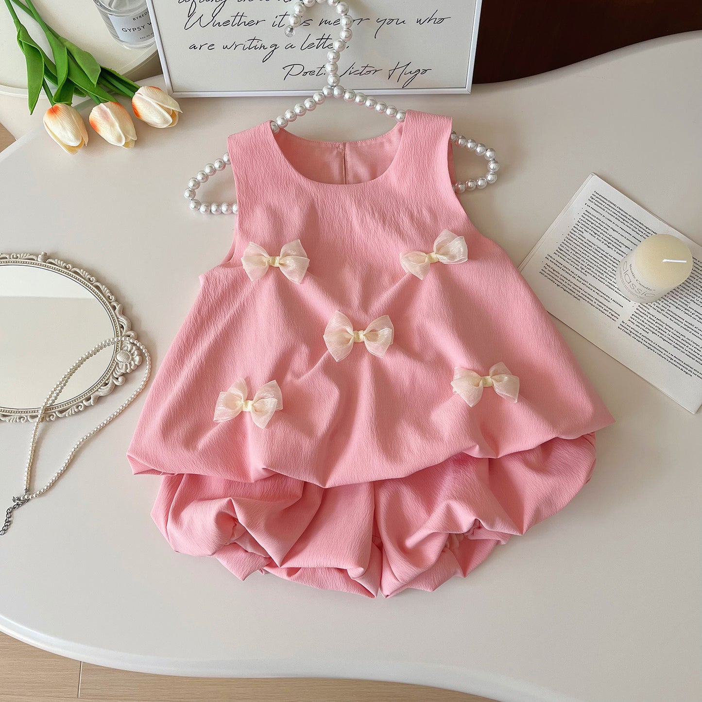 Summer Korean Style Bow Decoration Sleeveless Children's Suit