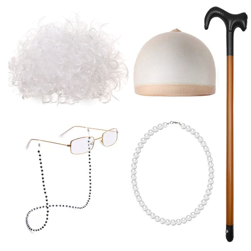 School Day Old Grandma Grandpa Crutches Lady Cos Wig