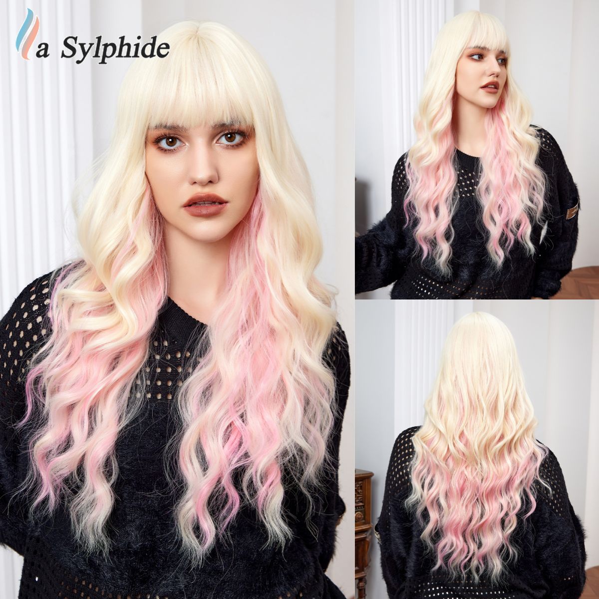 Female Bangs Pink White Gold Color Rose Wig Long Curls