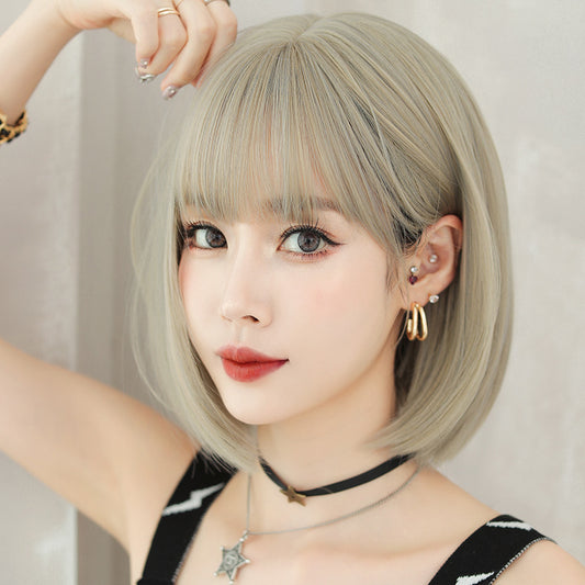 Women's Beige Brown Inner Buckle Full Top Round Wig Short Straight Hair