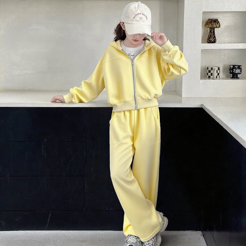 Large Hooded Zip Cardigan Sweater Straight Wide Leg Pants Children's Suit