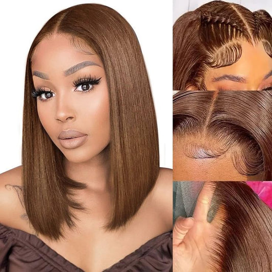 Fashion Brown Medium Real Head Cover Front Wig Short Straight Hair