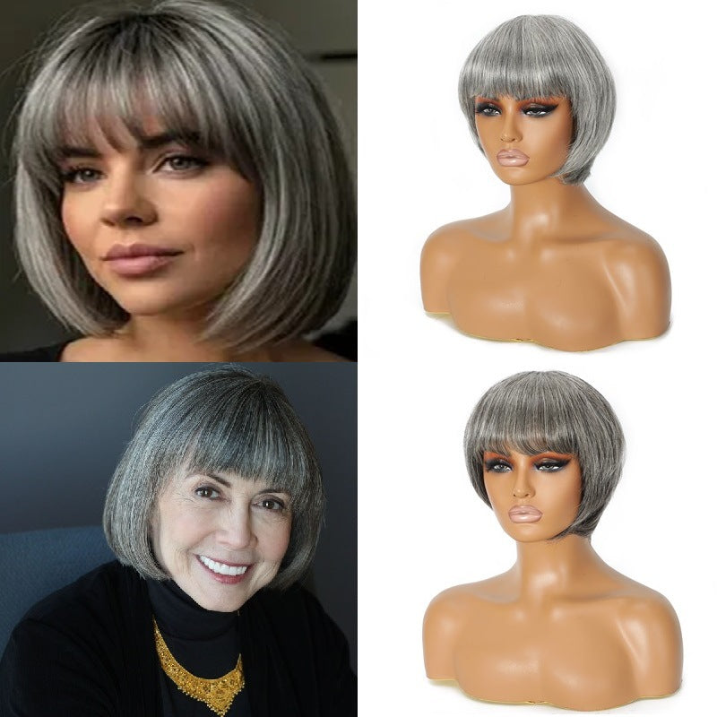 Mechanism Short Dark Gray Light Granny Grey Real Hair Wig