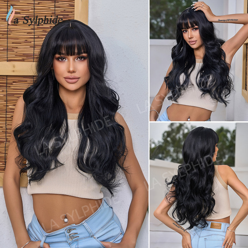 Brown Gradient Golden Bangs Curly Hair Rose Net Wig Long Curls