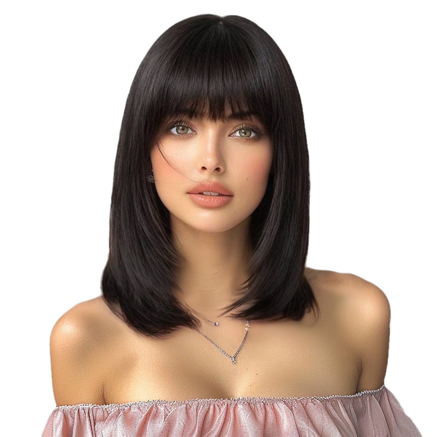 Women's Collarbone Bangs Shape Round Face Natural Wig Short Straight Hair