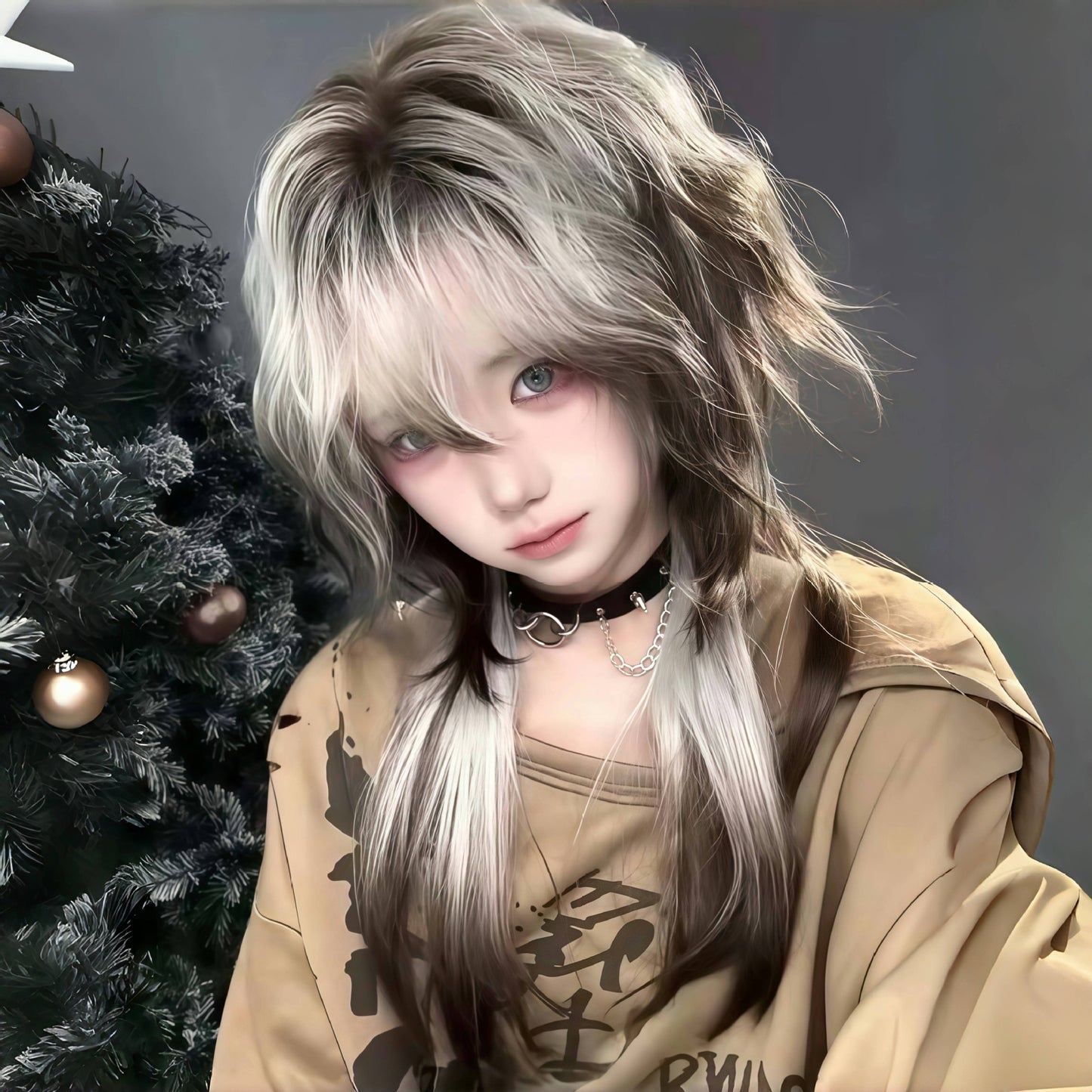 Shepherd Dog Wolf Tail Less White Brown Gradient Layering Wig Long Curls