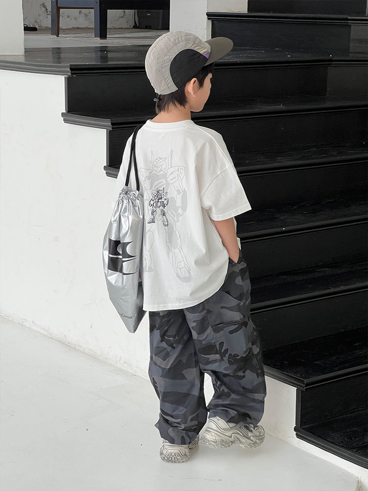 Children's Top Cartoon Diamond Printed Round Neck Pullover Casual Loose Short Children's T-shirt