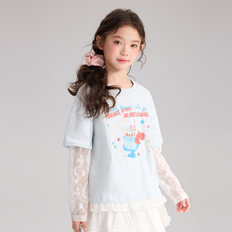 Children's Pudding Clothing Fake Two-piece Summer Lace Stitching Pure Cotton Children's T-shirt