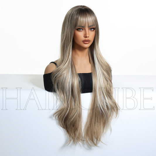 Big Wave Highlight Straight Bangs Curly Wig Long Curls