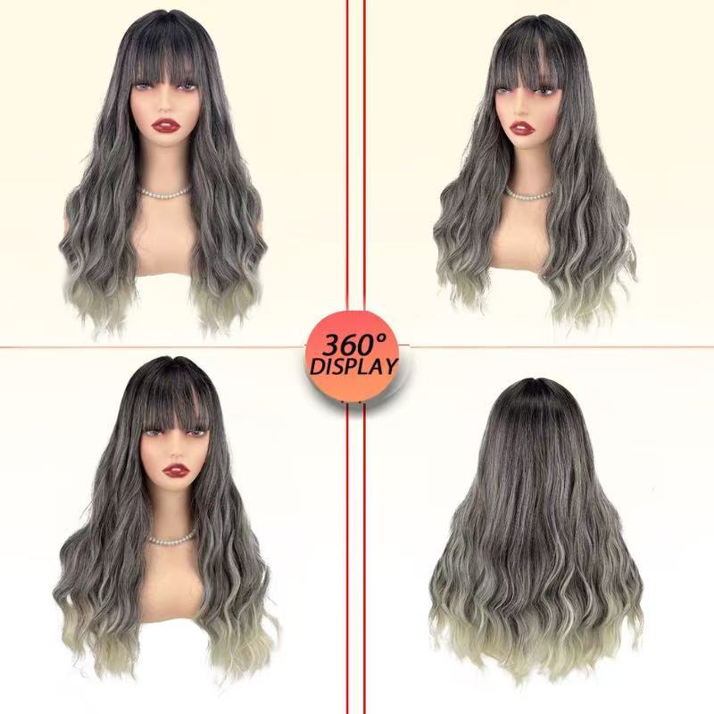 Straight Bangs Natural Fluffy Gradient Color Curly Wig Long Curls
