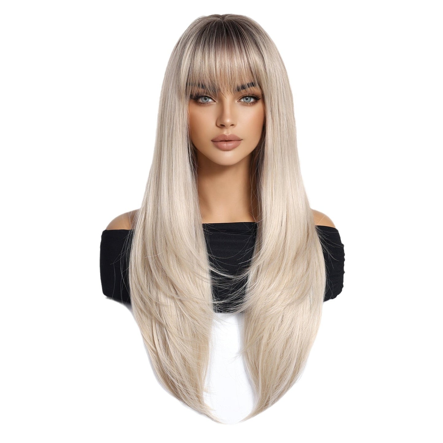 Bangs High Level Gradient Gold Hair Long Straight Wig