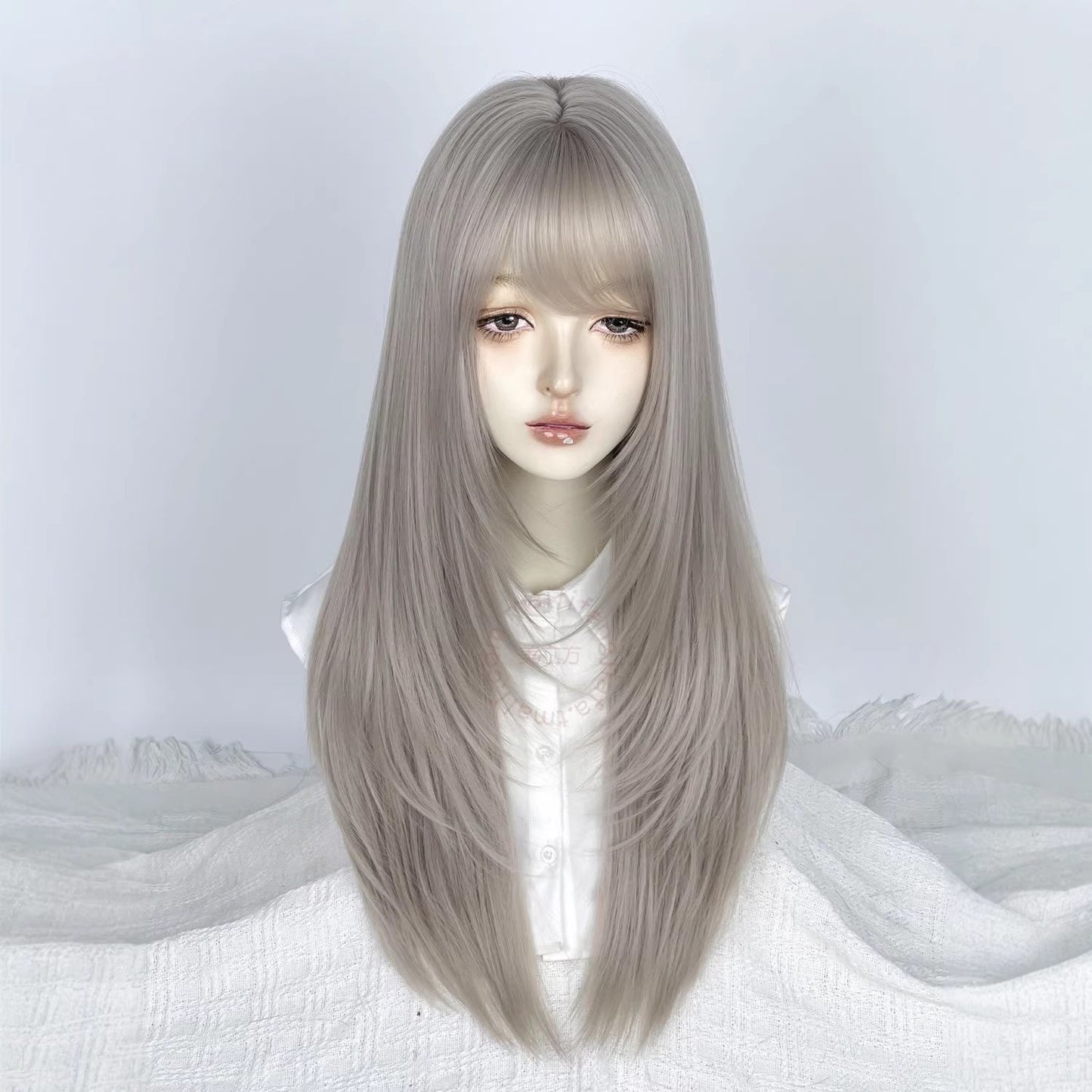 High-level Sier Gray Female Bangs White Long Straight Wig