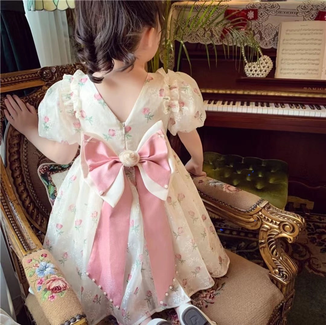 Summer Western Style Floral Skirt Little Bow Puff Children's Dress