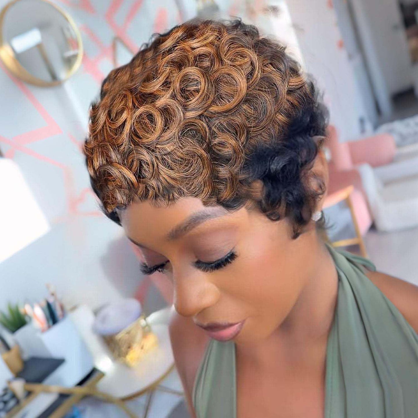 Women's African Small Black Elf Fiber Wig Short Curly Hair