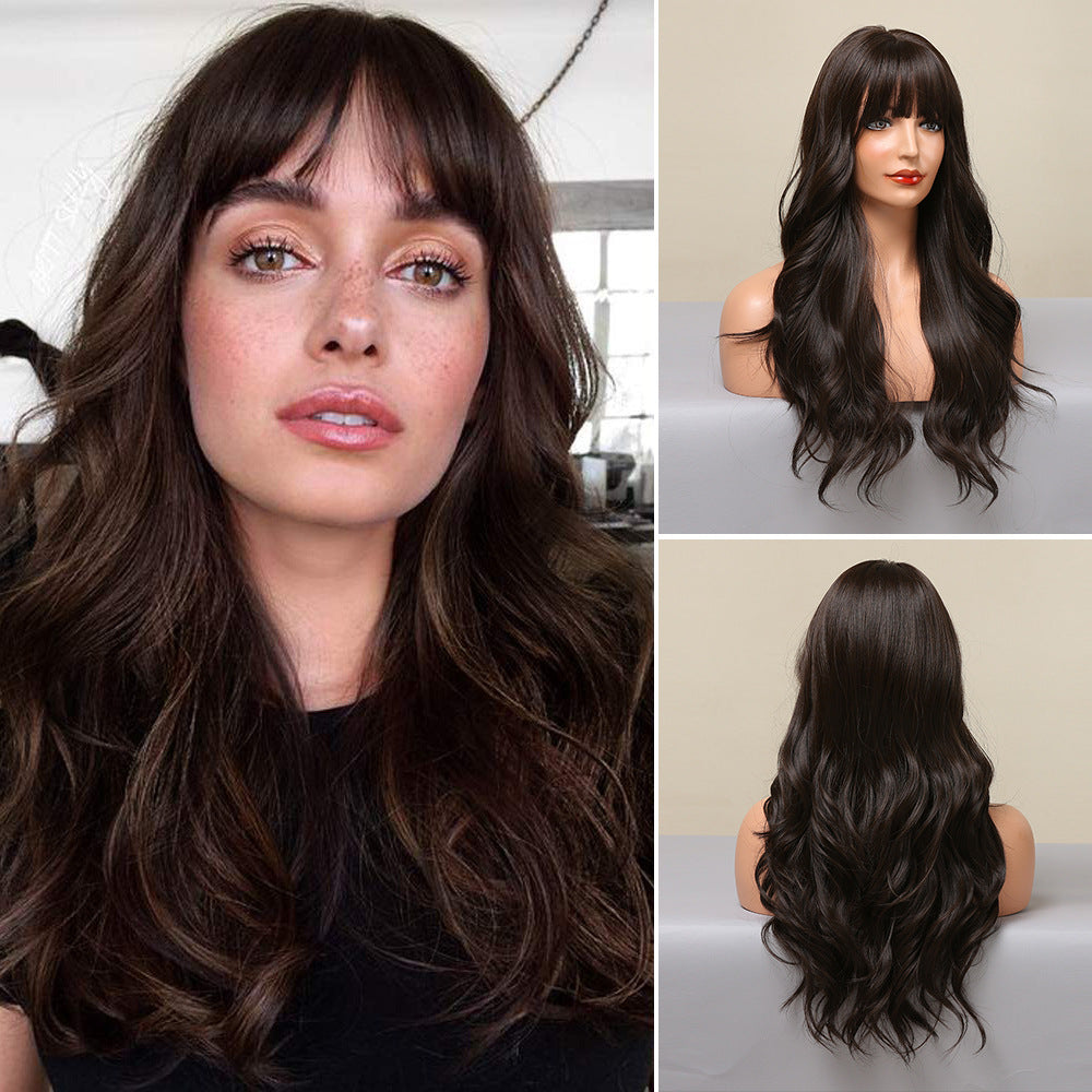 Straight Bangs Curly Hair Gradient White Gold Color Mechanism Wig Long Curls