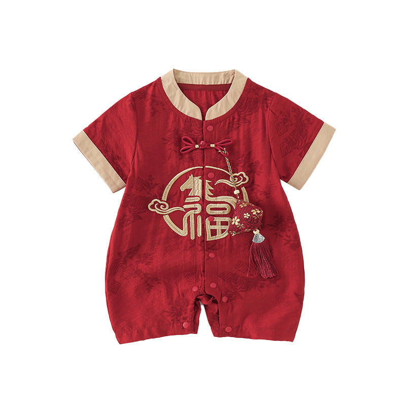 Boy Red Clothes Summer Jumpsuit Hundred Days Banquet Centennial Year Jumpsuit, Climbing Suit