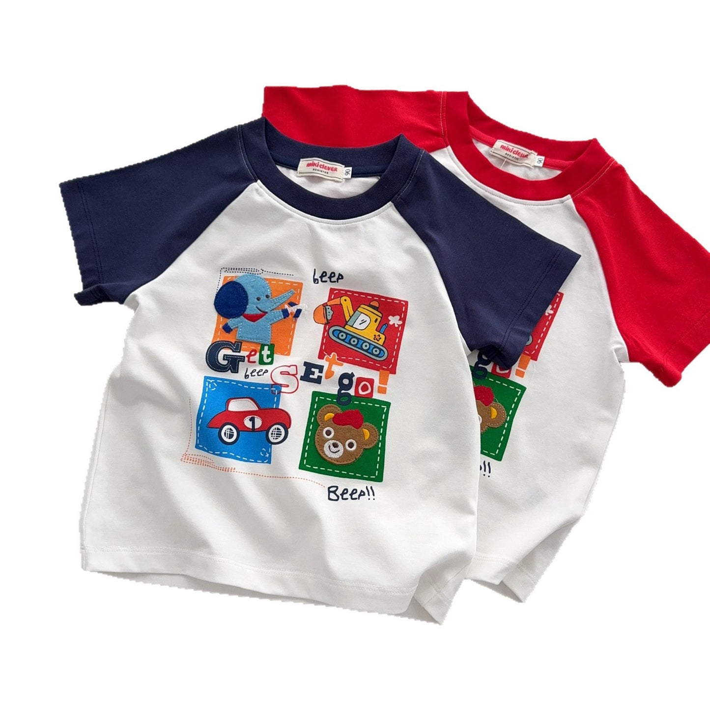 Children's Wear Style Boys Bear Excavator Raglan Short Sleeve Shirt Children's T-shirt