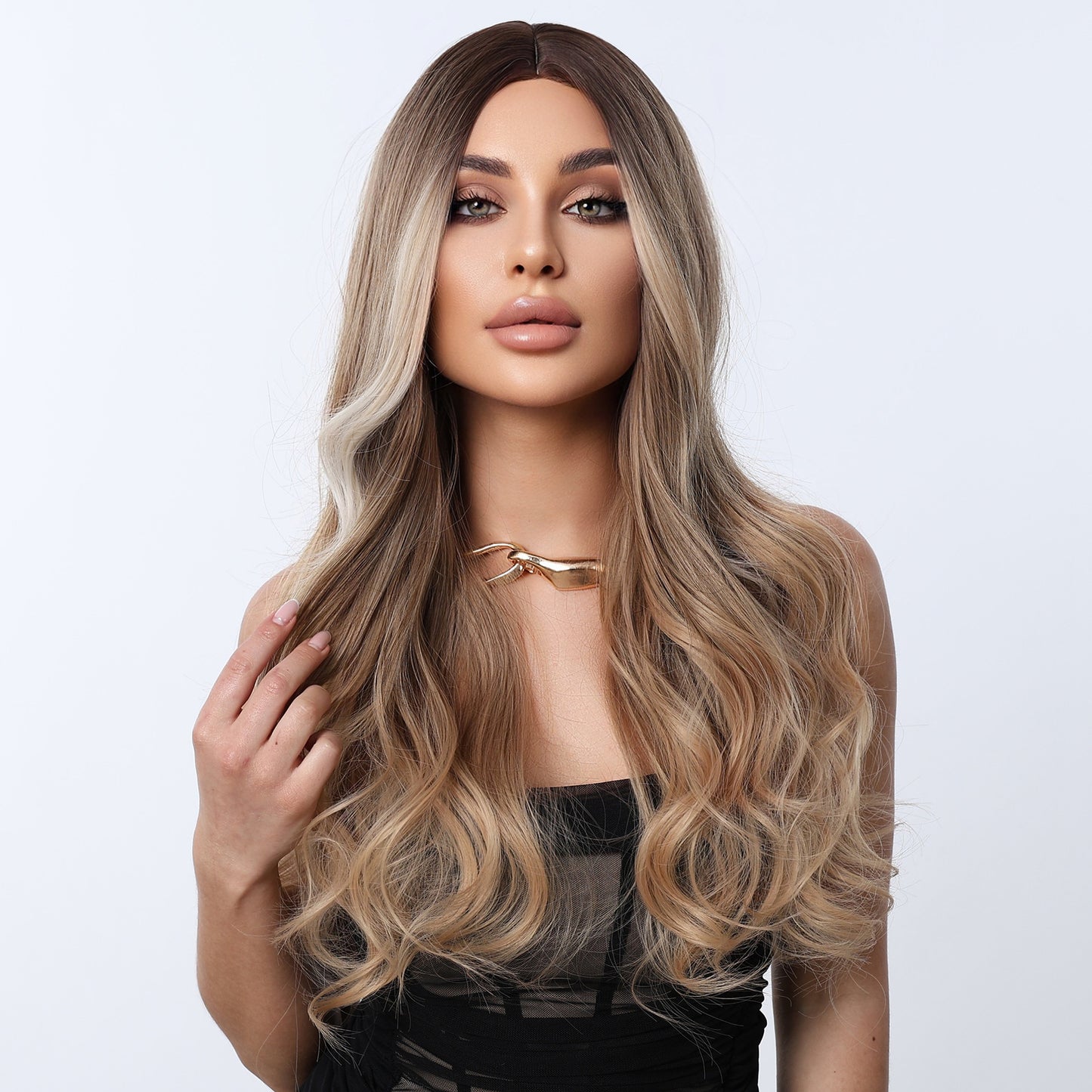 Female Curly Hair Chemical Fiber Fashion Medium Gradient Brown Big Wig Long Curls