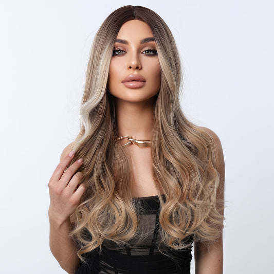 Female Curly Hair Chemical Fiber Fashion Medium Gradient Brown Big Wig Long Curls