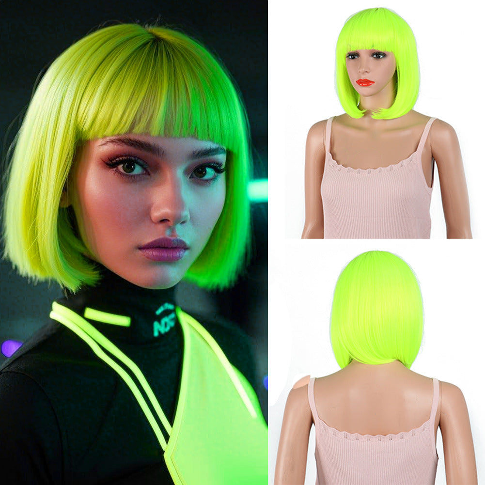 Women's Fashion Long Black Head Cover With Wig Short Straight Hair