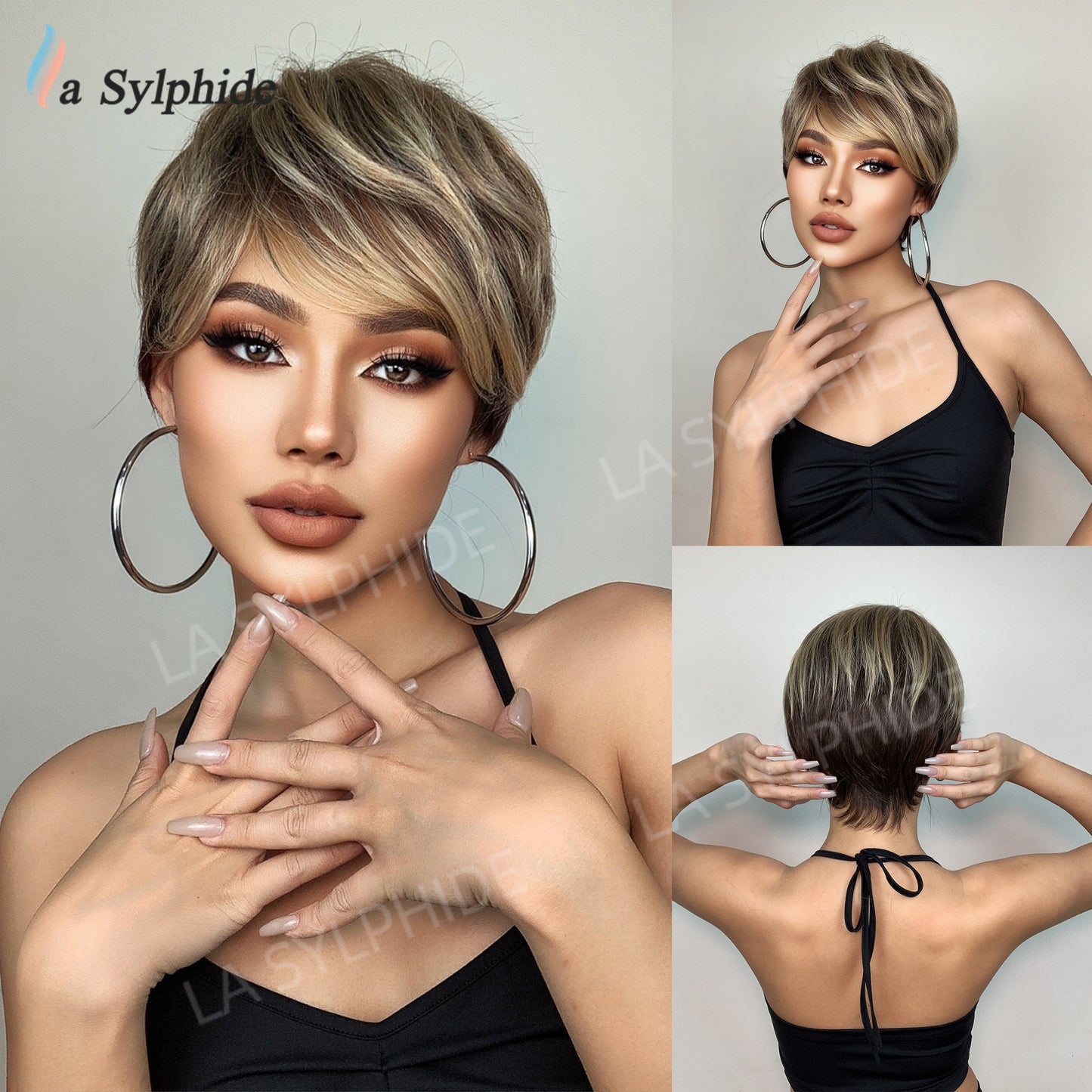 Female Brown Gradient Golden Mechanism Fiber Wig Short Straight Hair