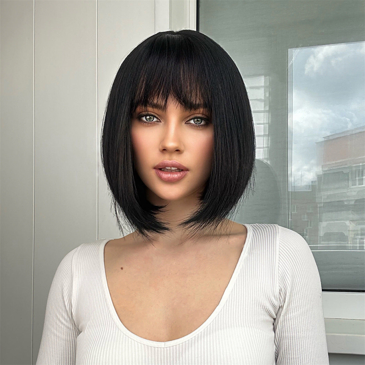 Breathable Bangs Gradient Gold Wave Full Wig Short Straight Hair