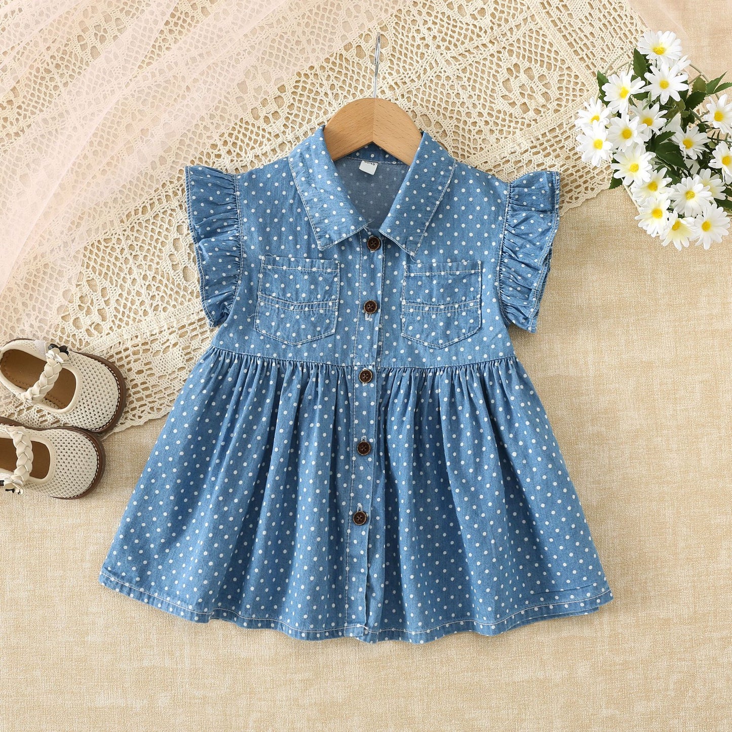 Children's Summer Lapel Flounced Sleeve Denim Shirt Fashionable Children's Dress