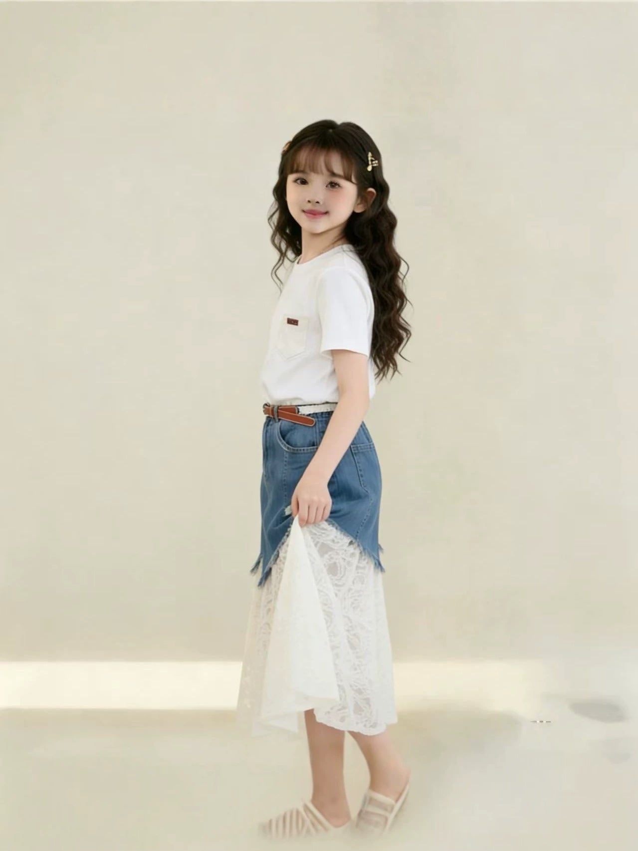 Children's Summer Short-sleeved Denim Lace Skirt Western Children's Suit