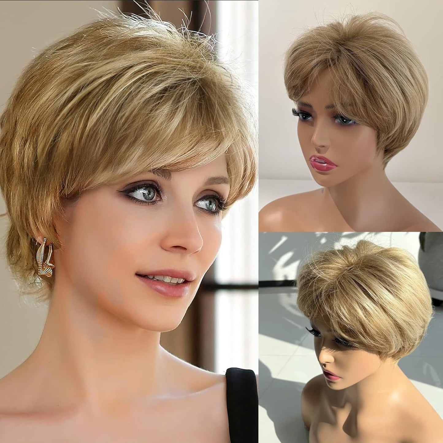 Women's Fashionable Golden Side Bangs Head Cover Wig Short Straight Hair