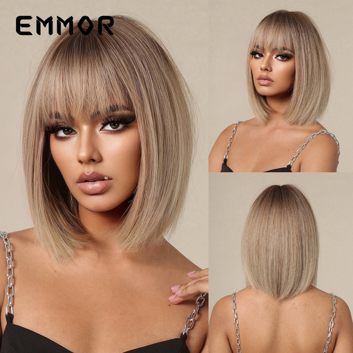 Summer Natural Breathable Bangs Golden Full Wig Short Straight Hair