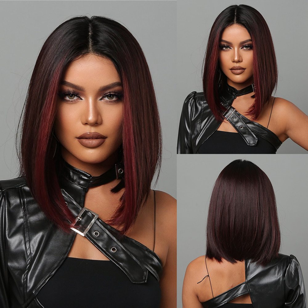 Medium Gradient Red Brown Straight Hair Wig Long Curls