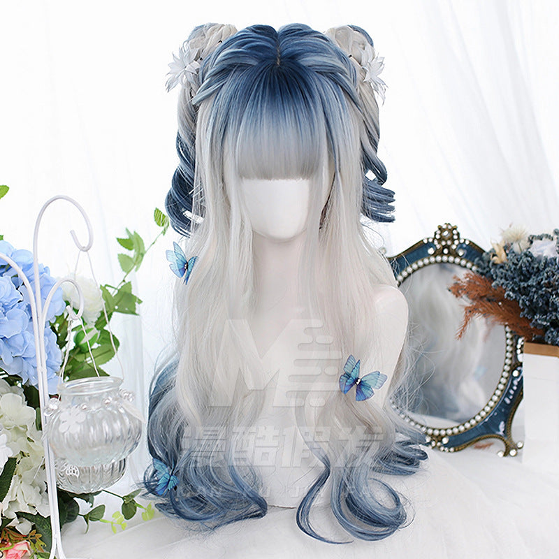 Daily Lolita Simulation Scalp Soft Highlight Gradient Blue Sier Curly Wig Long Curls