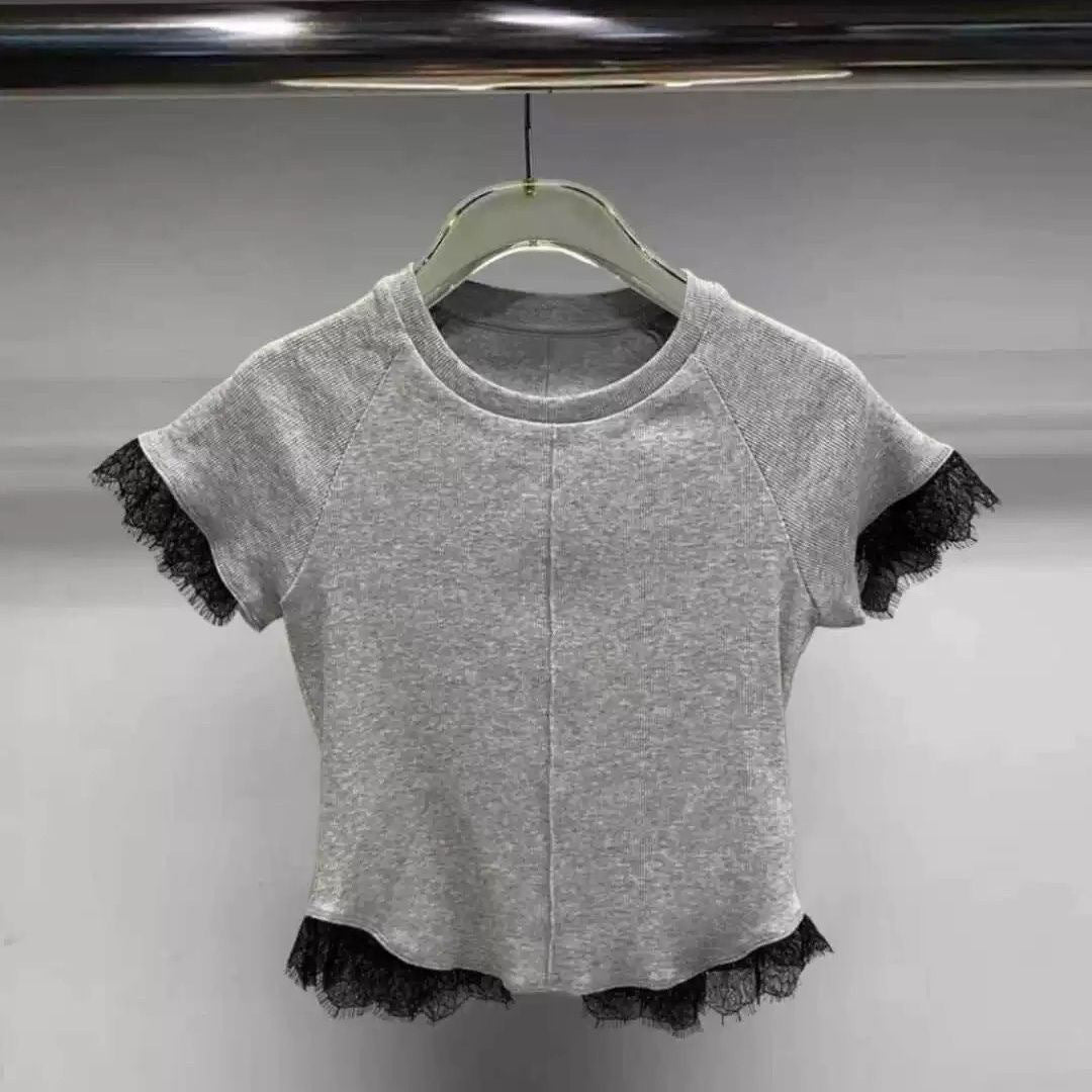 Children's Neck Sweet Lace Patchwork Short-sleeved Korean Style Fashion Children's T-shirt