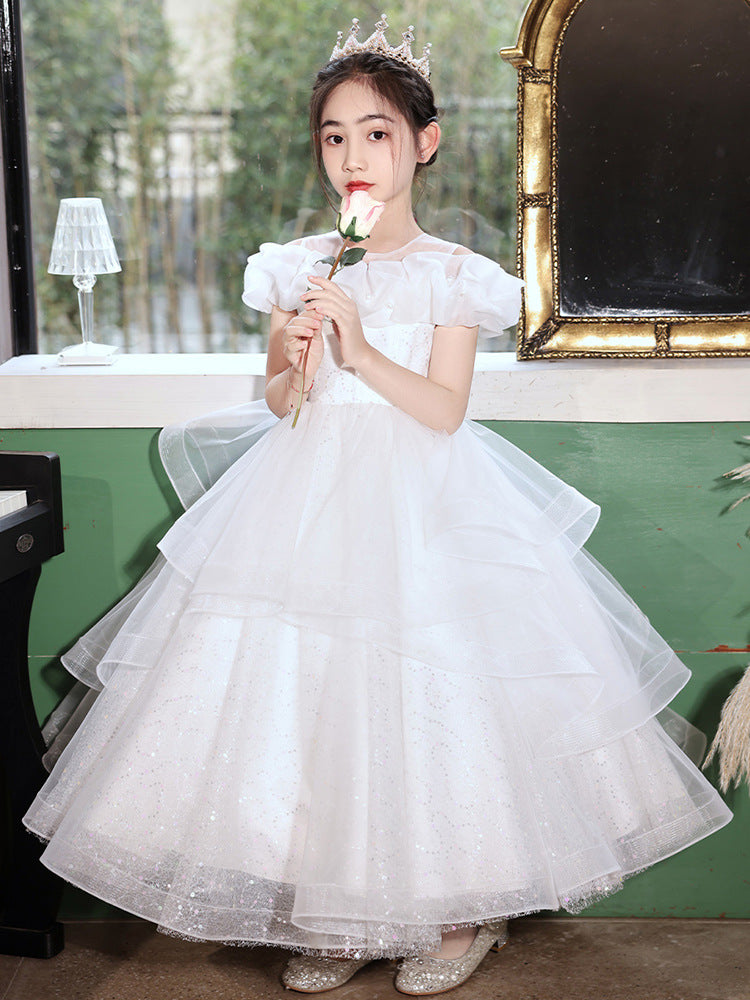 Evening Long Puff Yarn Host Performance Children's Dress
