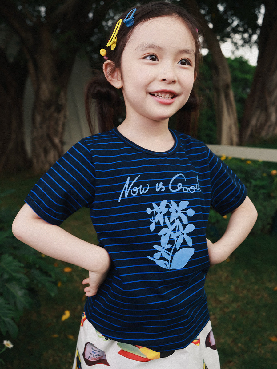 Children's Mountain Contrast Color Striped Clothing Printed Soft Short Children's T-shirt
