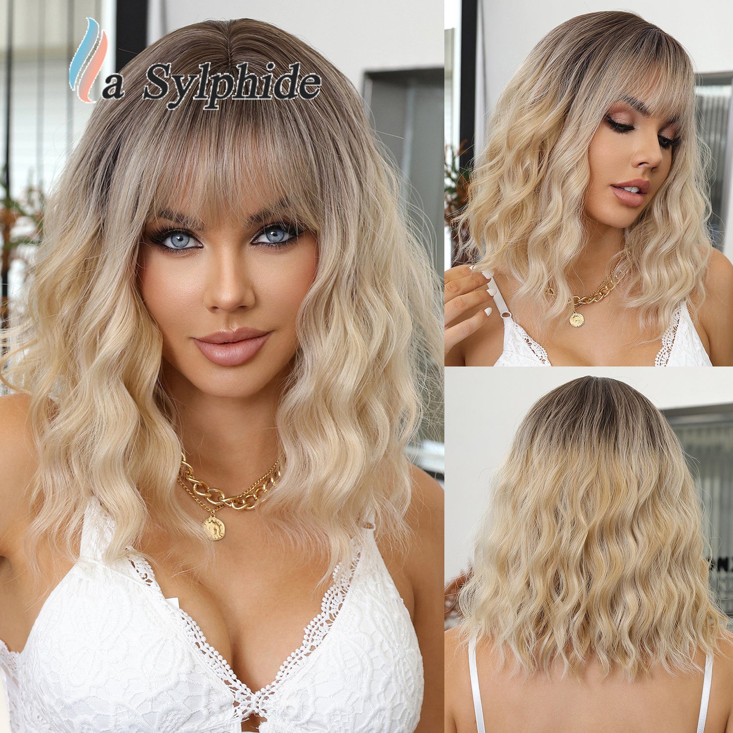 Pretty Women's Golden Gradient Fashion Natural Wig Short Curly Hair