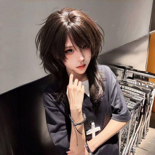 Wolf Tail Anchovy Head Unisex Style Less Wig Long Curls