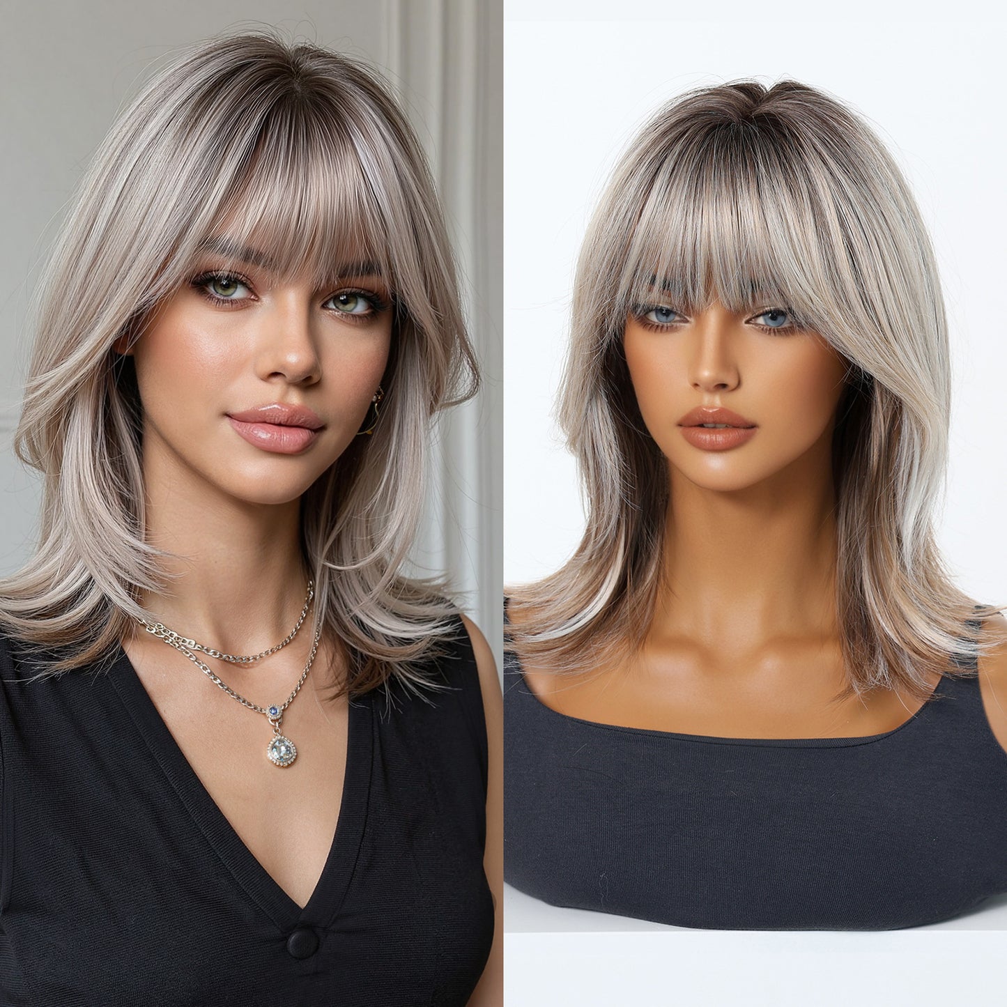 Natural Realistic Lightweight Breathable Summer Gradient Gray Gold Collarbone Length Wig Short Straight Hair