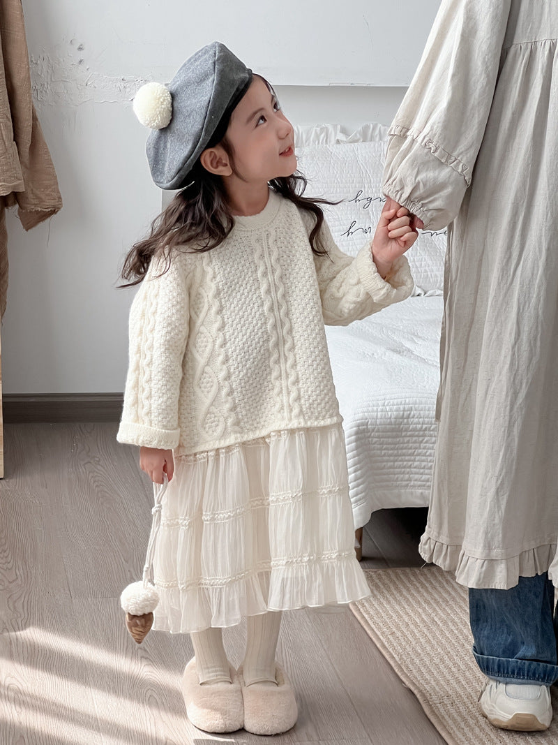 Children's Korean Style Clothing Sweater Stitching Mesh Princess Knitted Children's Dress