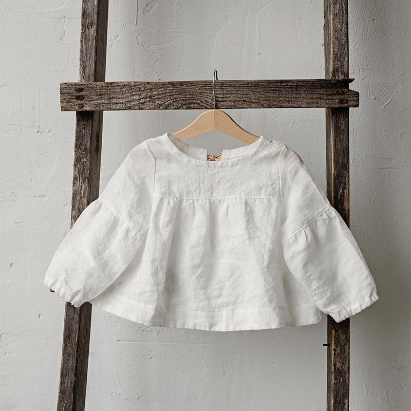 Comfortable Cotton Linen Blouse Mori Style Bow Bandage Long-sleeved Children's T-shirt