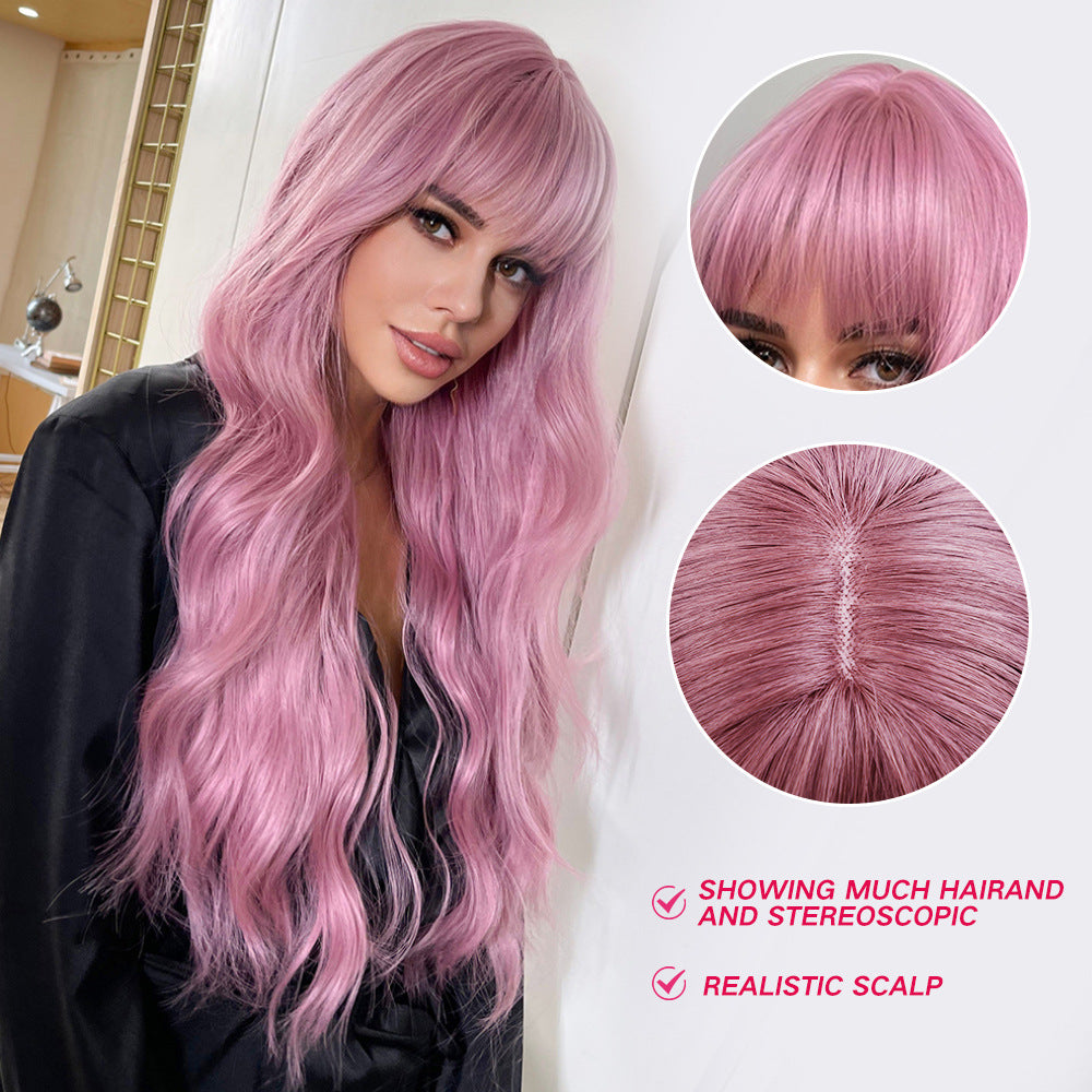 Women's Pink Wigs With Bangs Wave Synthetic Wig Long Curls