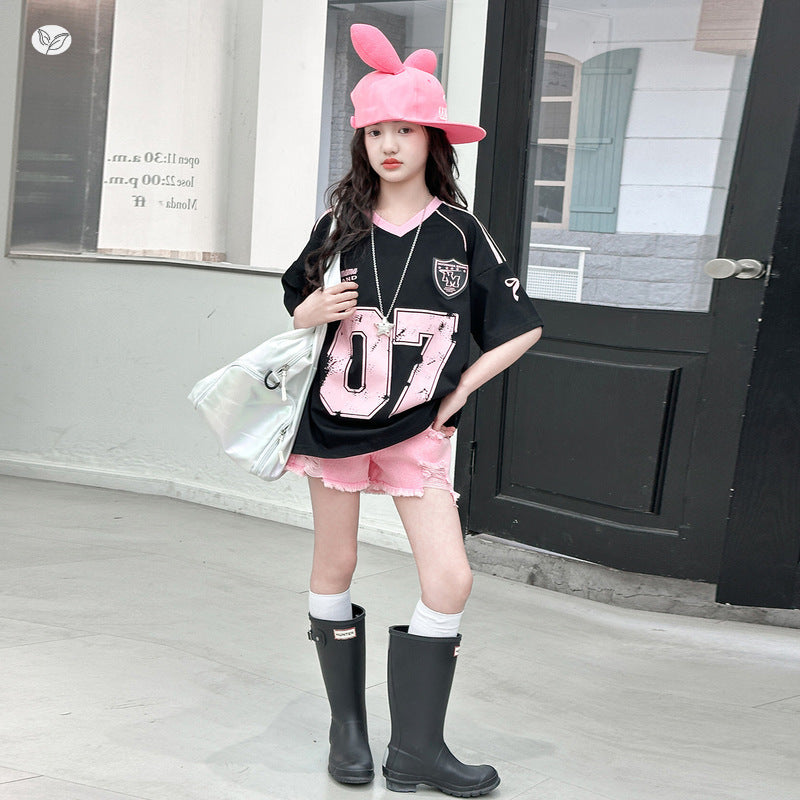 Children's Sweet Hot Summer Letter Short Sleeve Medium Big American Children's T-shirt