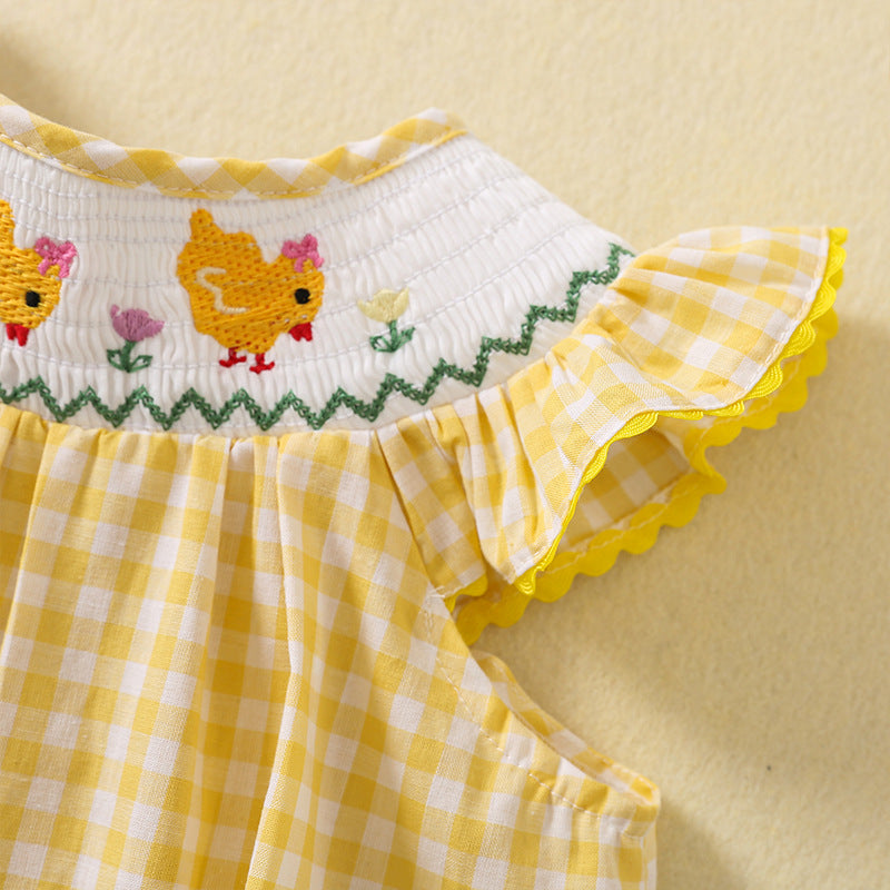 Flounced Sleeve Tartan Skirt Smocking Chick Embroidered Children's Dress