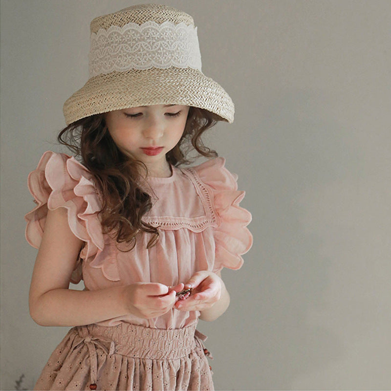 Children's Summer Strawberry Shan Clothing Solid Color Lady Fei Edge Children's T-shirt