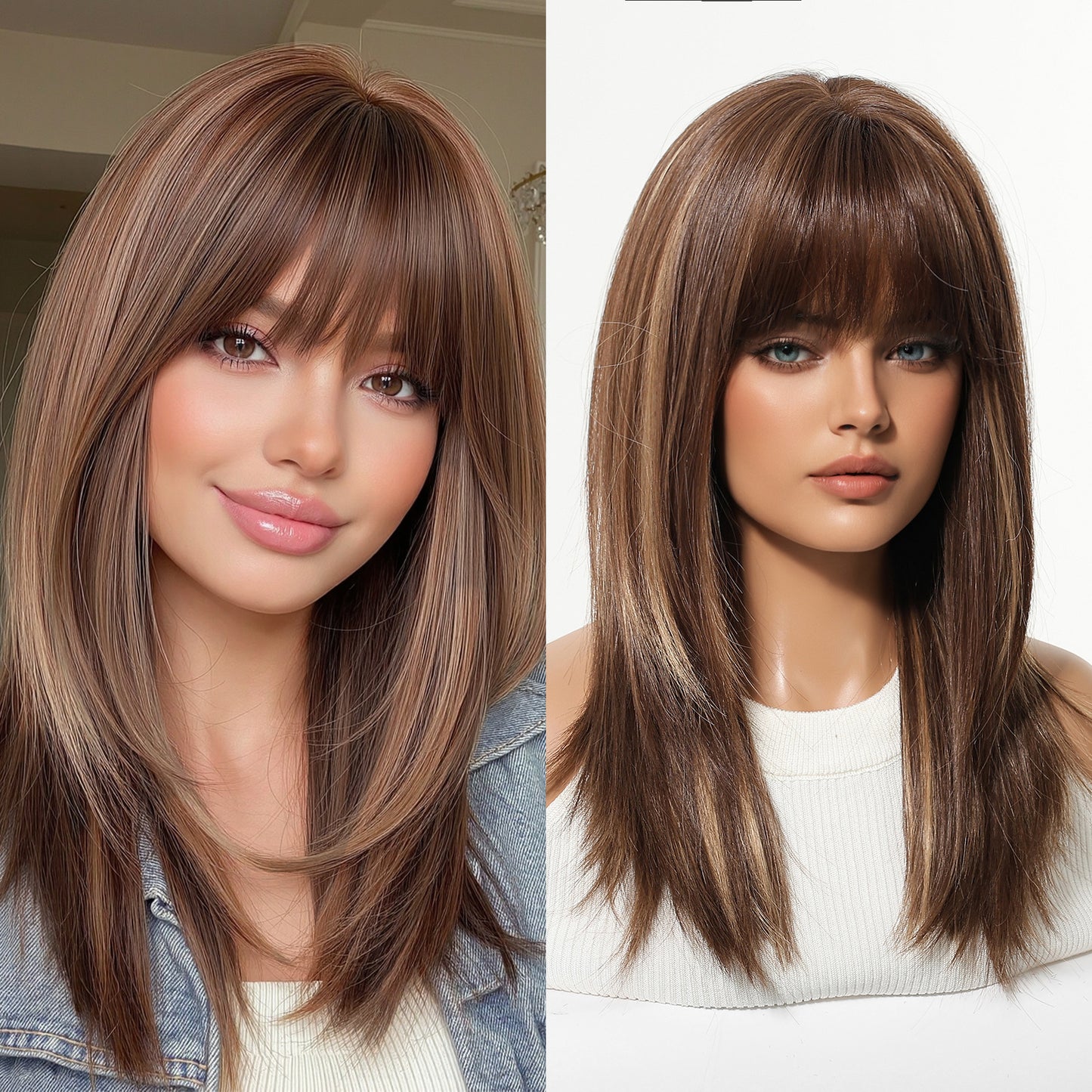 Female Summer Hair Natural Mid-length Fashion Air Bangs Long Straight Wig