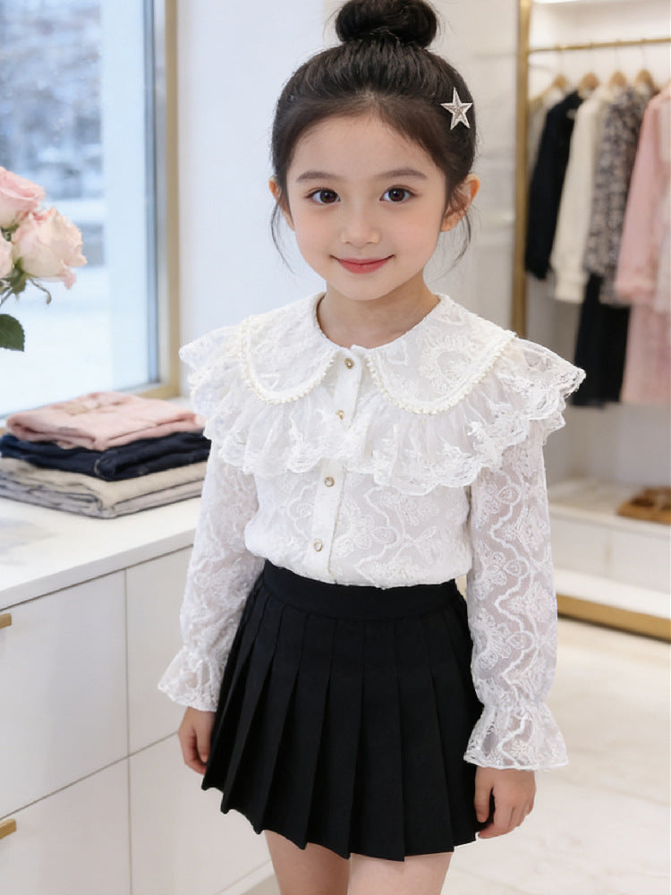 Children's Style White Doll Collar Lace Top Children's Shirt
