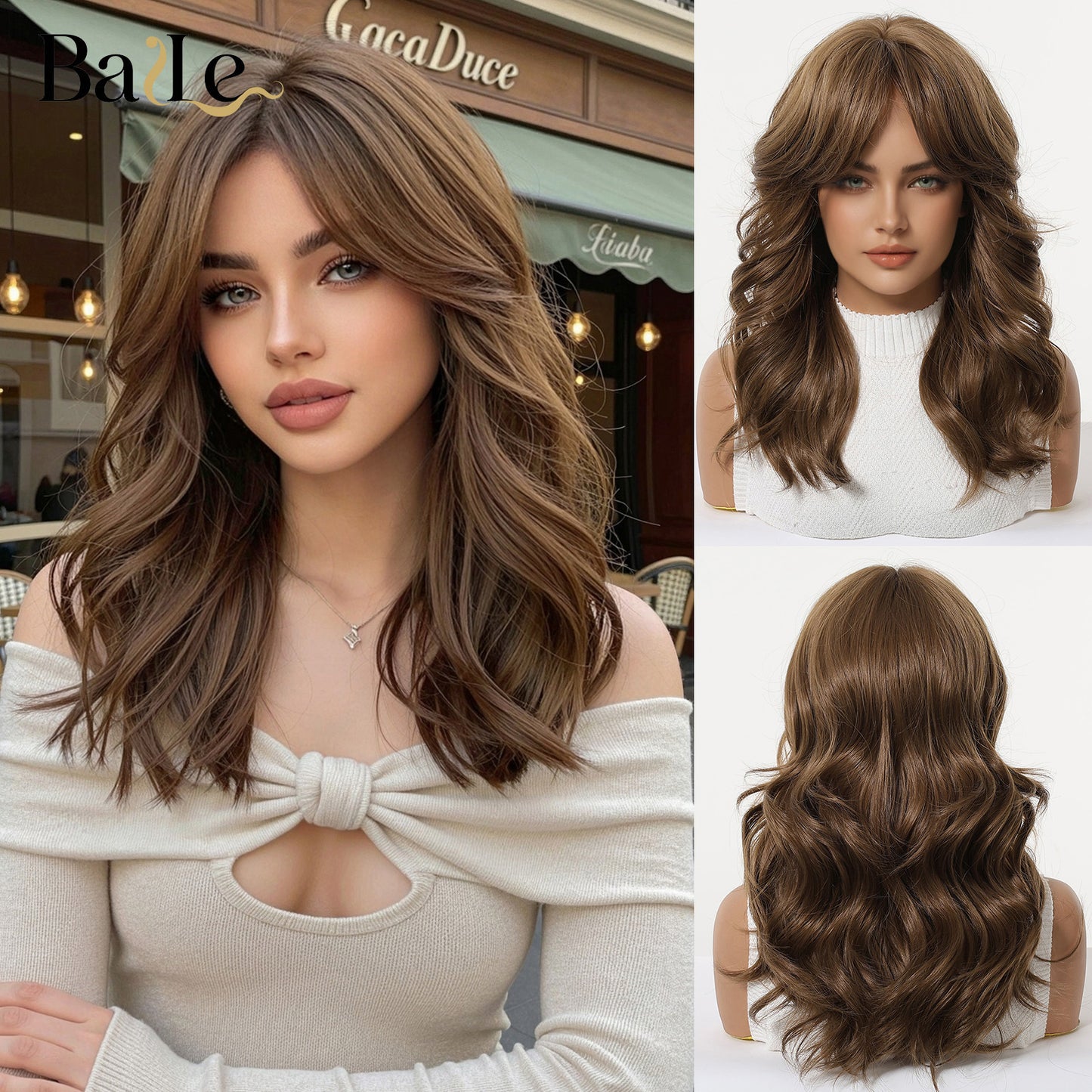 Brown Mid-length Curly Hair French Bangs Mechanism Wig Long Curls