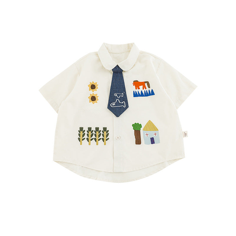 Lapel Lightweight Short-sleeved T-shirt Loose Jeans Pastoral Children's Shirt