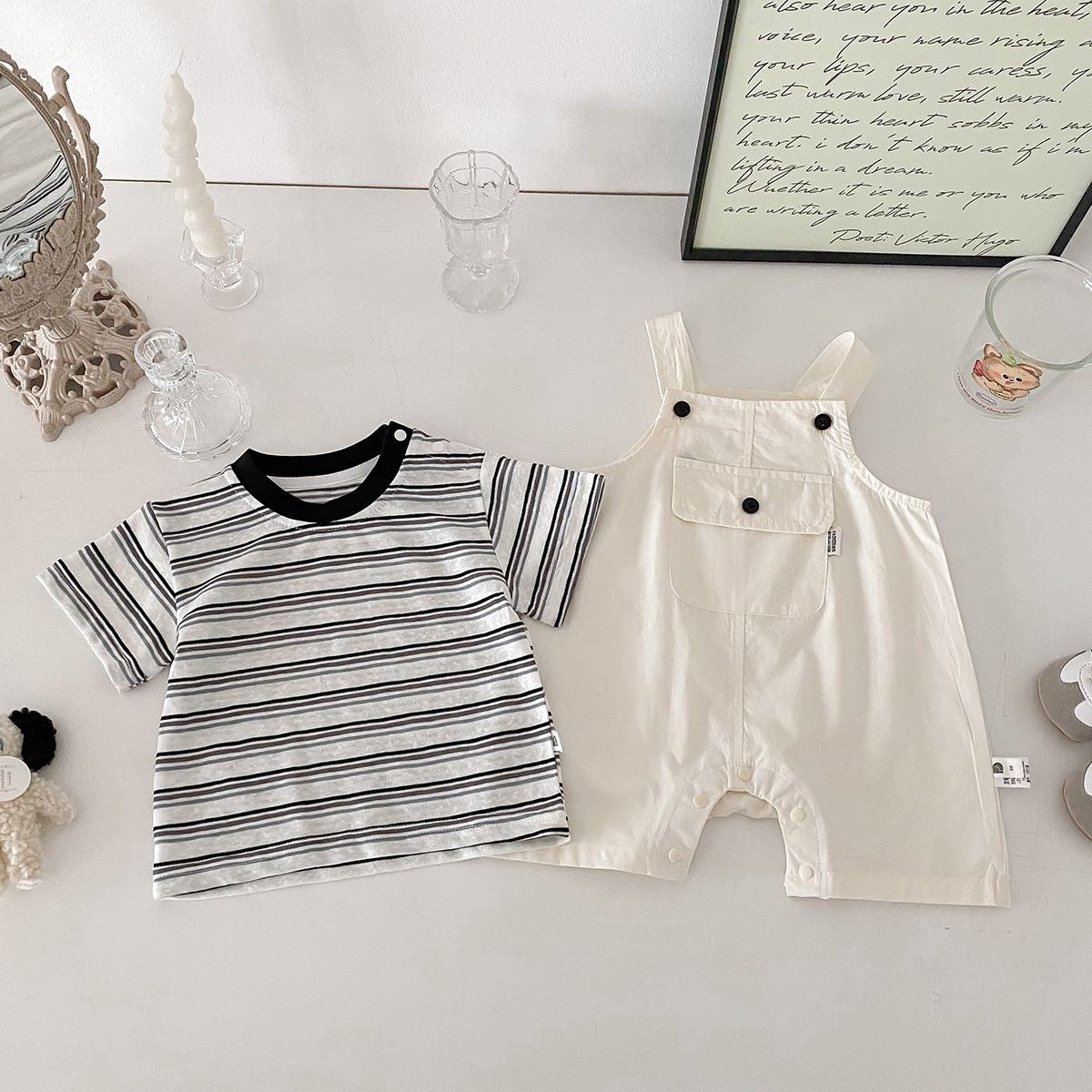 Boy Handsome Stripes Short Sleeve Suspender Pants Thin Korean Style Jumpsuit, Climbing Suit