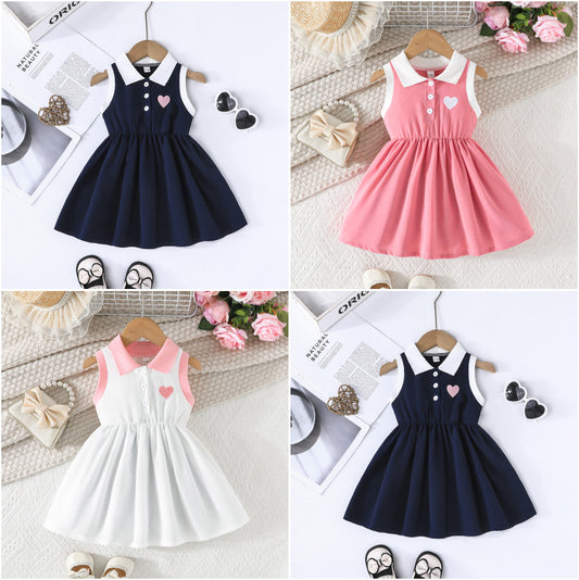 Summer Love Embroidered Lapel Sleeveless Waist Children's Dress